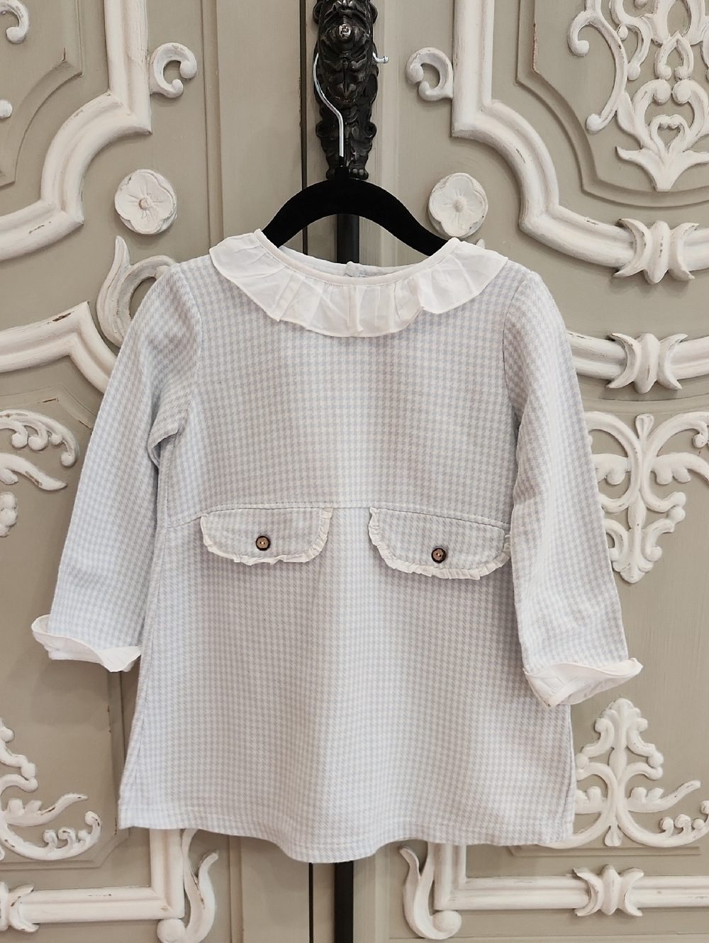 Mac Illusion Light Blue & White Houndstooth Ruffle Collar Dress Size 2 Spanish